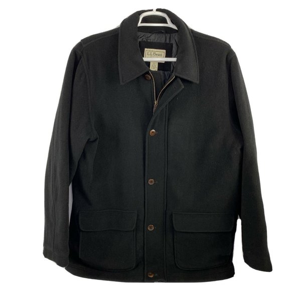 L.L. Bean Wool Coat Jacket Peacoat Dress Coat Black Men’s Large Full Zip EUC - Picture 1 of 9